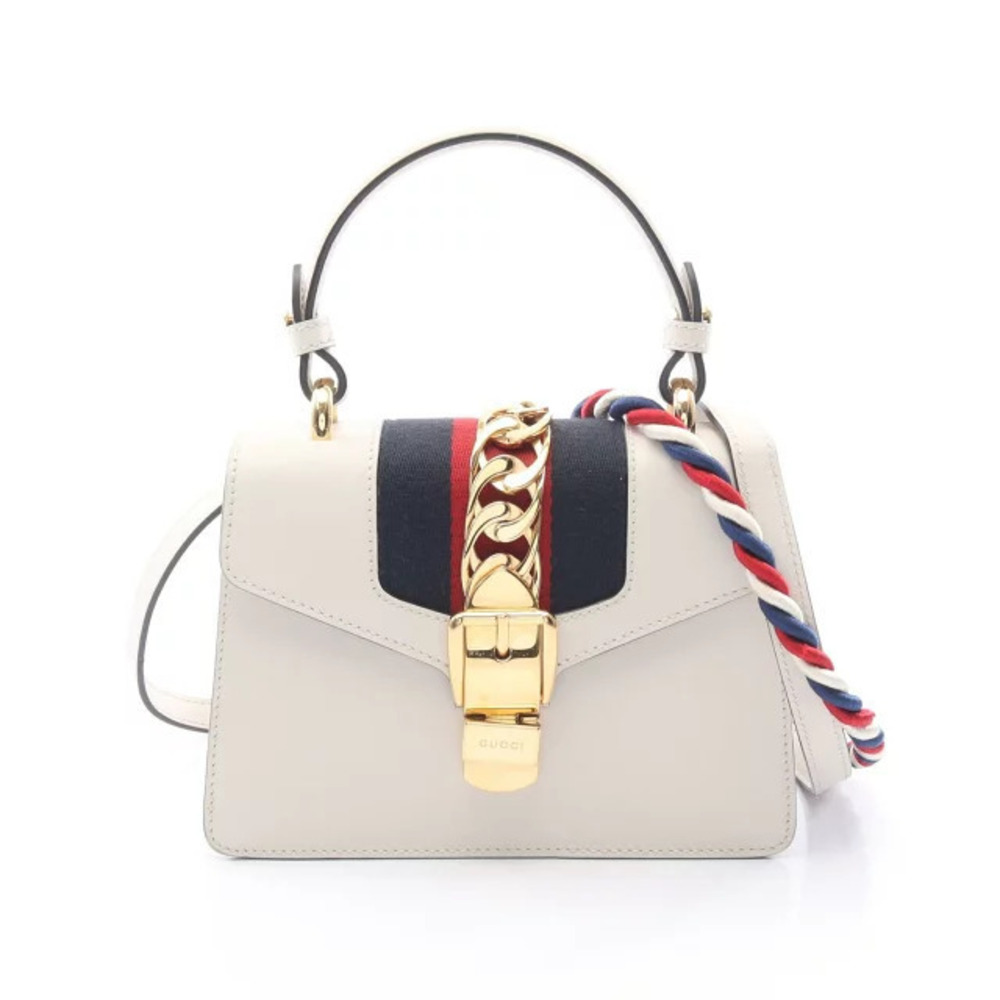 Gucci Sylvie Sherry Handbag Leather Ivory White Navy Blue Red